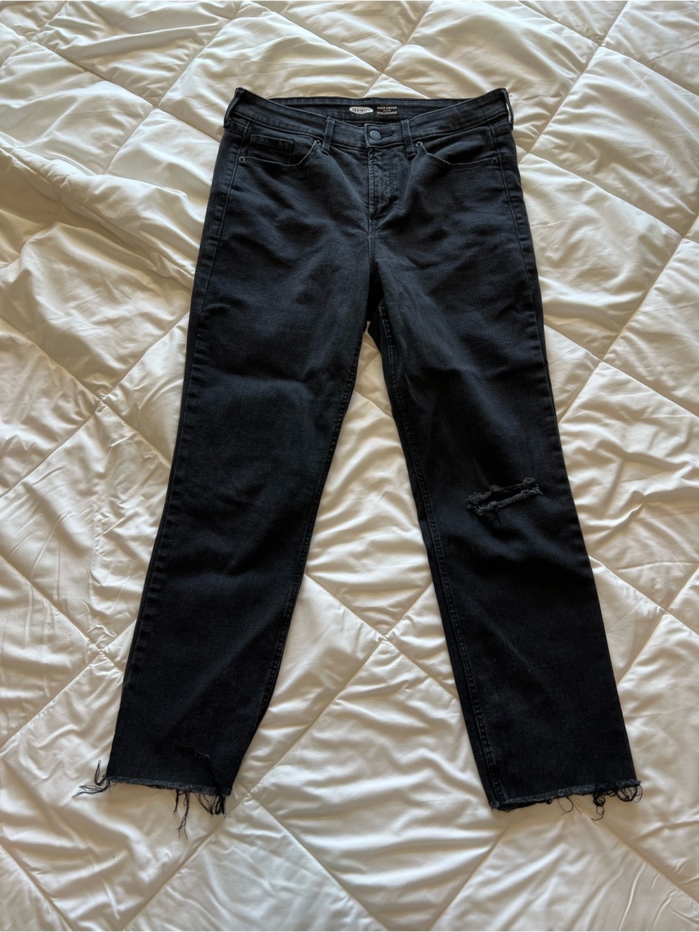 Old Navy Black Women's Straight-Leg Jeans with Distressed Knee